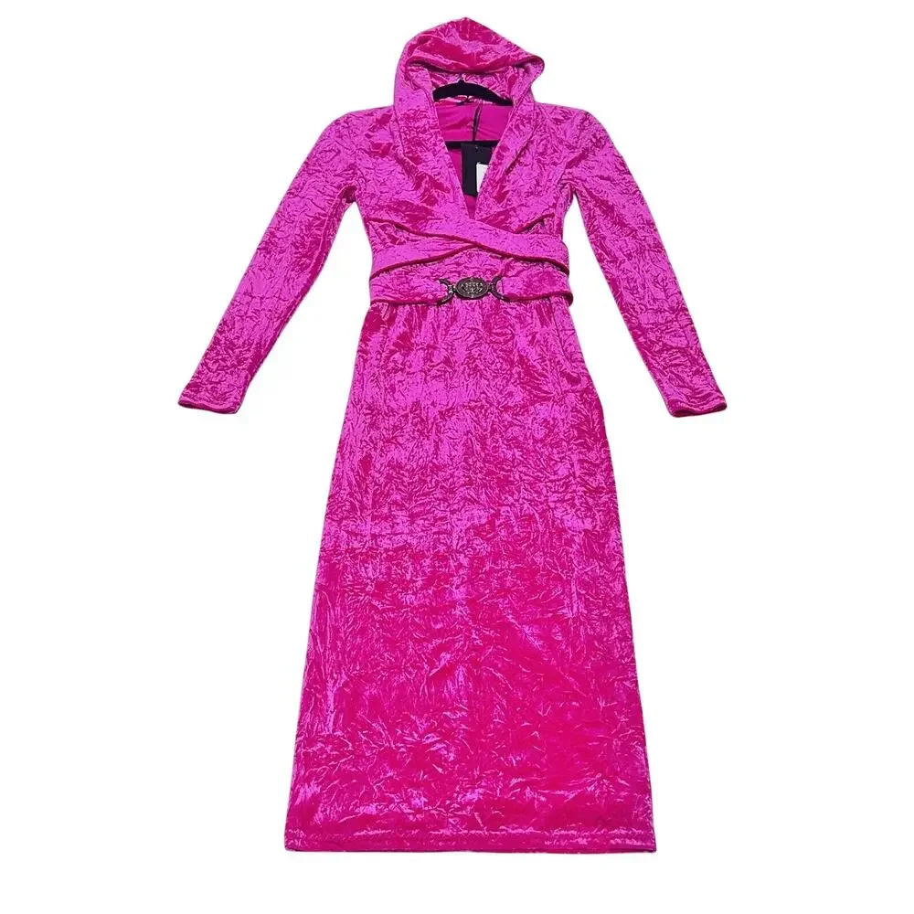 NWT Versace 40 US 4 Runway Biggie Medusa Pink Crushed Velvet Midi Dress $3,225 - Picture 4 of 16